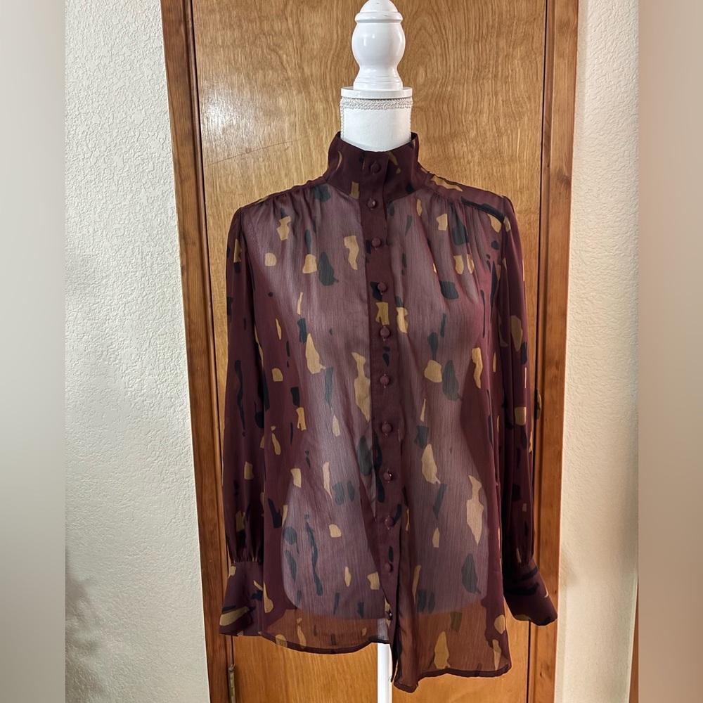 Nine West Burgundy and Tan Patterned Women's Button Down Sheet Shirt